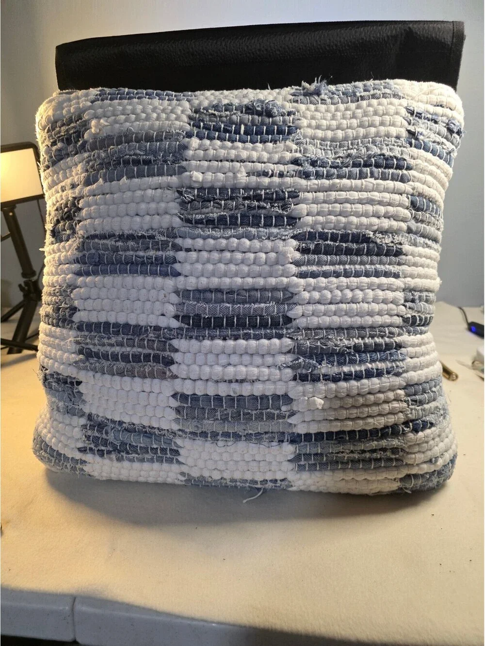 Blue & White Chindi Woven Throw Pillow 19.5x18.5 Boho Farmhouse Denim Look
